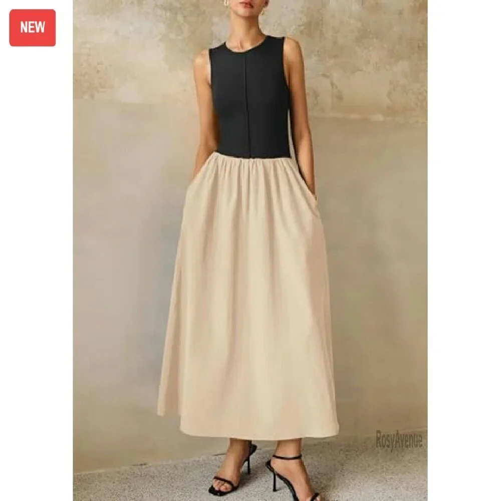 Sleeveless Maxi Dress Patchwork Knit Flowy Long Casual Summer